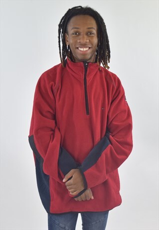 VINTAGE 90S RED BLUE TOMMY HILFIGER 1/3 ZIP FLEECE