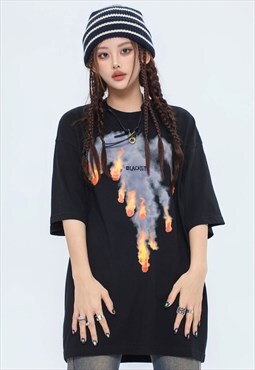 Flame print t-shirt burning fire tee grunge rocker top black