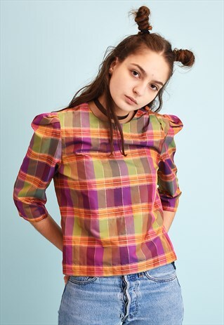 80'S RETRO COLOUR BLOCK SHIMMER CHECKED PARTY BLOUSE TOP