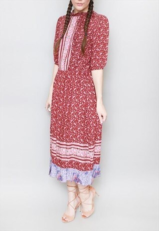 VINTAGE 1970'S DEEP RED FLORAL RUFFLE FOLK MIDI DRESS