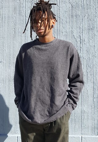 90S MINIMALIST SPORTWEAR GREY RIB KNIT LONG SLEEVE LARGE