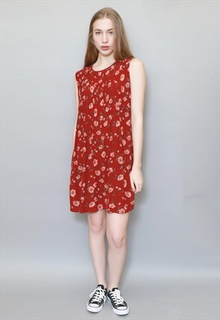 VINTAGE 1990'S DARK RED FLORAL TIE UP MINI DRESS