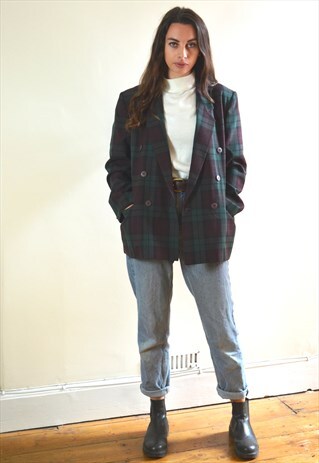 90S VINTAGE PURPLE & GREEN TARTAN CHECKED BLAZER JACKET