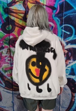 Emoji graffiti fleece hoodie premium smile pullover white 