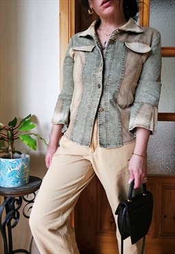 Vintage 90s beige & green denim corduroy flare sleeve jacket