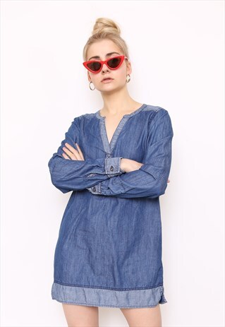 VINTAGE 90S BLUE DENIM LONG SLEEVE MINI DRESS