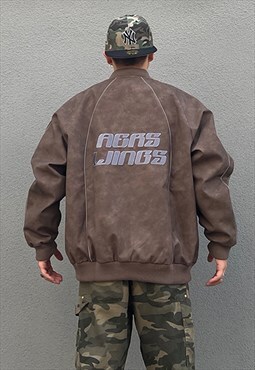 Brown Faux leather Embroidered Baseball jacket 
