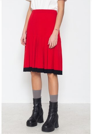 VINTAGE RED HAUBER PLEATED KNIT MIDI SKIRT