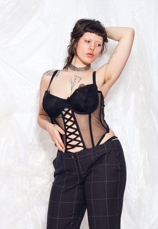 VINTAGE Y2K CORSET TOP IN BLACK MESH