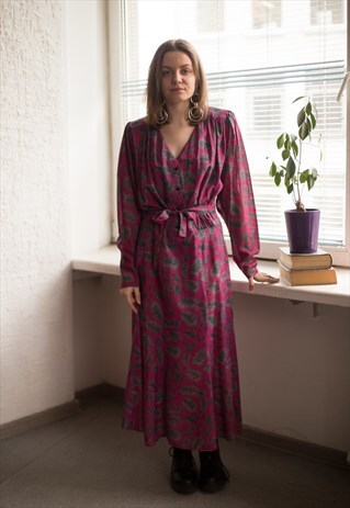 VINTAGE 70'S PURPLE PATTERNED LONG SLEEVED MIDI DRESS