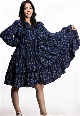 Blue Frill Tiered Ruffle Midi Oversized Dress