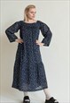 VINTAGE 70S BOHO MAXI PLEATED FLORAL DRESS IN BLUE S/M