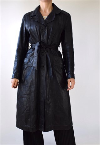 VINTAGE 80S 90S LONG BELTED LEATHER BLAZER TRENCH COAT