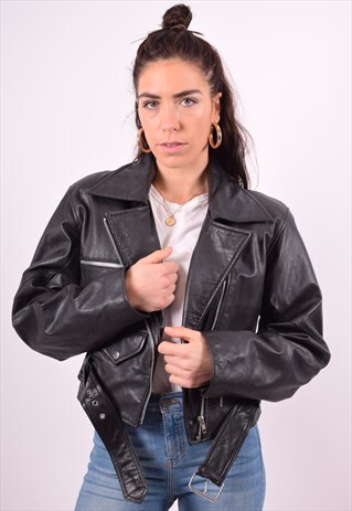 WOMENS VINTAGE LEATHER JACKET MEDIUM BLACK 90'S