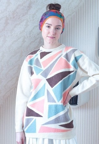 CREAM SOFT WOOL VINTAGE JUMPER WITH PASTEL GEOMETRIC SHAPES
