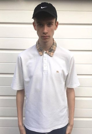 MENS VINTAGE BURBERRY WHITE SHORT SLEEVE POLO SHIRT TOP