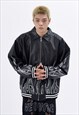 Faux leather varsity jacket Y2K flame print baseball bomber