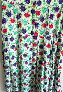 Vintage Floral Summer Skirt Midi Sun Flowers Green Purple