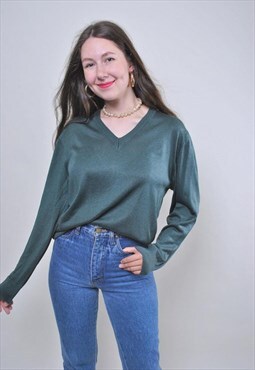 Vintage minimalist v-neck sweater, blank green pullover 