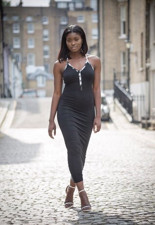 AFRICAN AZTEC TRIBAL PRINT KENTE-TRIMMED MIDI DRESS IN BLACK