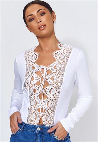 WHITE CROCHET LACE UP BODYSUIT
