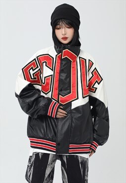 Faux leather motorcycle jacket patch Racer varsity in black