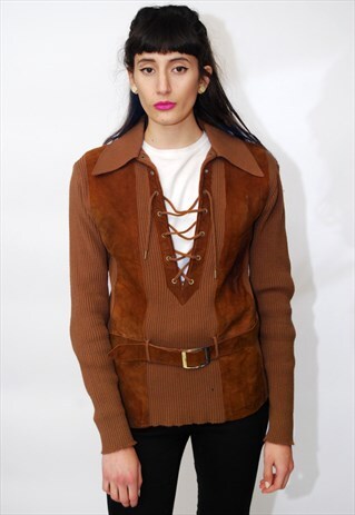 SUEDE TUNIC (S/M) VINTAGE 70S BROWN TOP CRISS CROSS TIE RIB