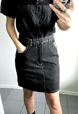 Black Denim Pencil Mini Skirt 