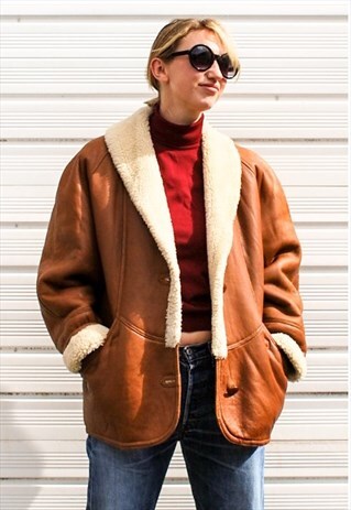 VINTAGE TAN REAL SHEARLING AVIATOR JACKET