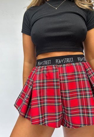 RED TARTAN PLEATED FLARED HIGH WAISTED SHORTS 