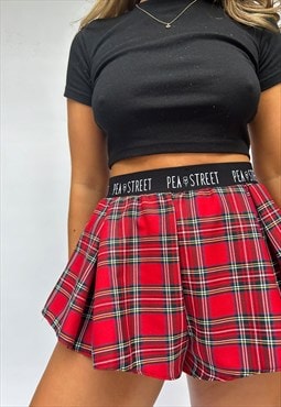 Red Tartan Pleated Flared High Waisted Shorts 
