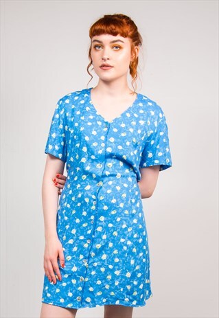 VINTAGE 90'S BLUE FLORAL PATTERN CUTE SUMMER DRESS