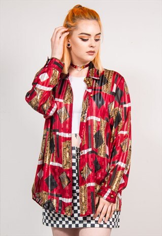 90'S VINTAGE RED SHINY STRIPE PATTERNED SHIRT