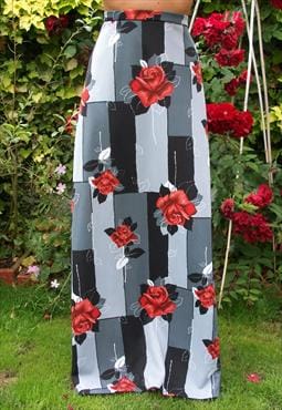 1970s Vintage Grey/Red/Black Floral Rose Maxi Skirt