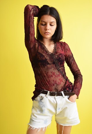 90'S RETRO KITSCH BOHO PRINT MESH BLOUSE TOP