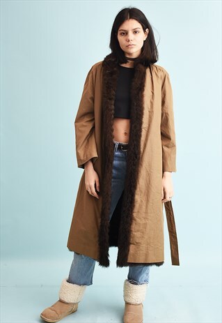 VINTAGE 70'S RETRO FAUX FUR LONG TRENCH COAT