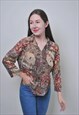 ABSTRACT PATTERN VINTAGE BROWN BLOUSE, RETRO FLORAL SHIRT 