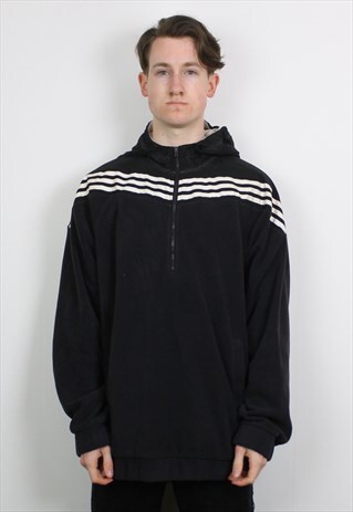 VINTAGE ADIDAS FLEECE 1/4 ZIP HOODIE IN BLACK WITH EMBROIDER