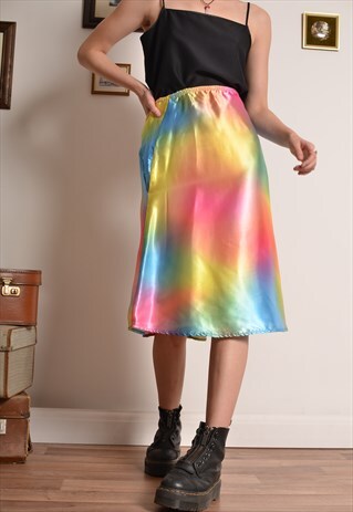 VINTAGE 90S SATIN RAINBOW HIPPY PENCIL SKIRT