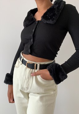 Naomi Ribbed Cropped Cardigan In Black With Faux Fur Trim 
