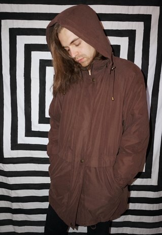 VINTAGE 90'S BROWN LONG HOODED PUFFA COAT
