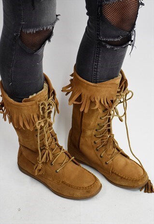 VINTAGE 90S LL BEAN SUEDE FRINGED MOCASSIN BOOTS