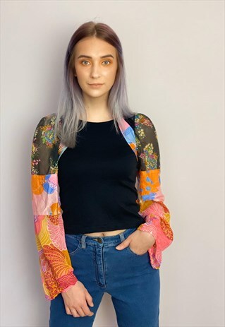 VINTAGE 90S BLACK COLOURFUL ABSTRACT FLOWER SLEEVE BLOUSE