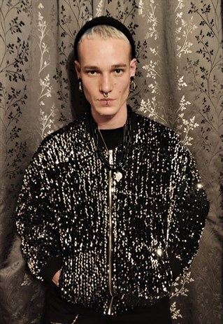 REGULAR FIT METALLIC SEQUIN THIN PARTY BOMBER RAVE JACKET