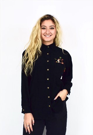 VINTAGE 90'S TIGER EMBROIDERED BLACK CORDUROY SHIRT