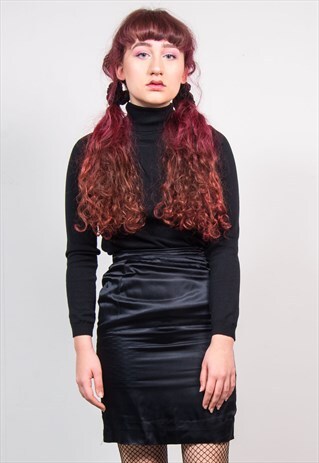 VINTAGE 90'S BLACK SHINY SATIN STYLE HIGH WAIST MINI SKIRT
