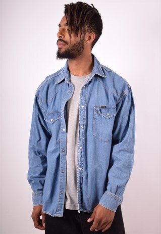 LEE MENS VINTAGE DENIM SHIRT LARGE BLUE 90S
