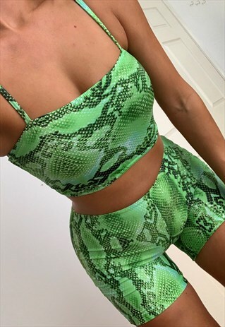 CAMI CROP TOP RAVE CO-ORD IN GREEN SNAKE