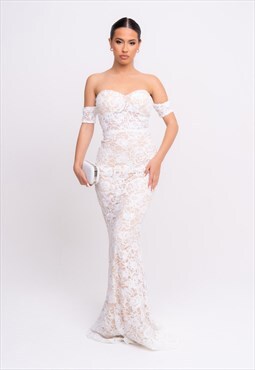 Daydreamer white floral lace sequin embellished maxi