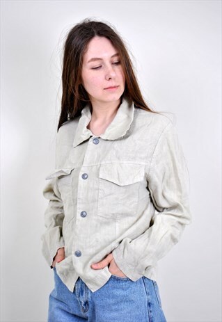 VINTAGE BEIGE WORKER SHIRT, 90S HERITAGE WOMEN BUTTON DOWN